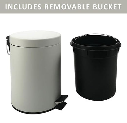 Stainless Steel Small Trash Can with Lid & Step Pedal - 5 Liters/1.3 Gallon Soft Close Waste Basket with Removeable Inner Bucket - Garbage Can for Bathroom, Bedroom, Kitchen & Office (White)