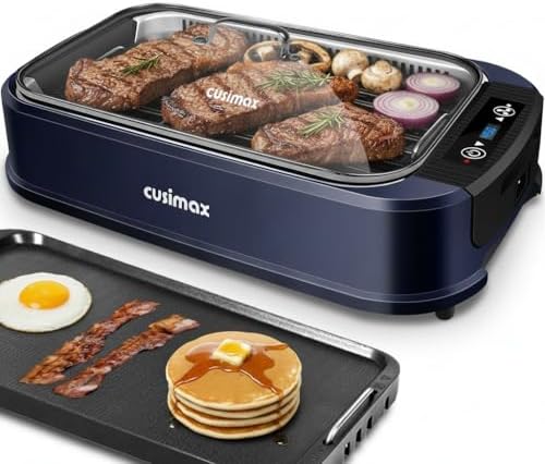 Electric Indoor Grill Griddle, CUSIMAX Smokeless Grill, Blue
