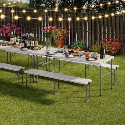 Folding Table with 2 Benches Set for Picnic, Party, Camping, School
