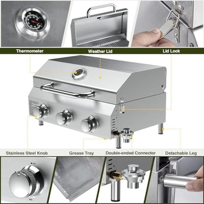 Bestfire 3-Burner Tabletop Propane Gas Grill with Dual Connections, 30,000 BTU Portable Propane Grill Fits Large Cylinders & Small Canisters, Knobs, Compact Design for Camping, RV, BBQ