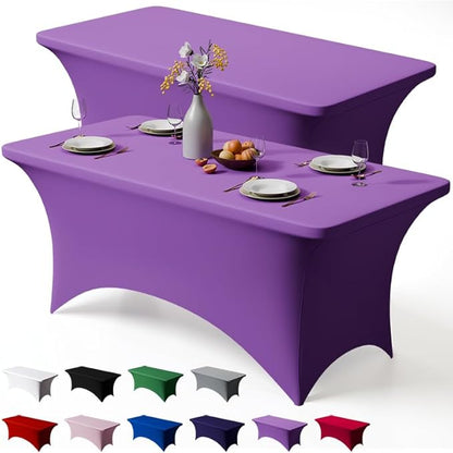 Trlyc 2 Pack 4FT Spandex Table Cloth - 48 x 30 Inch Rectangular Stretch Tablecloth, Wrinkle Resistant Scretch Table Cover for Wedding, Party, Banquet, Picnic, Outdoor Decoration (2Pcs,Purple)