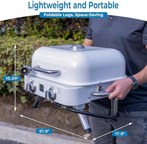 Kenmore Portable Propane Gas Grill - Tabletop BBQ Grill with Warming Rack, 2 Stainless Steel Burners with 14,000 BTUs, for Outdoor Kitchen, Camping, Pearl