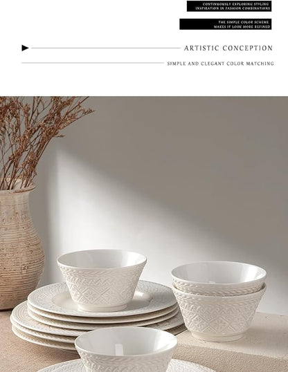4-piece set, embossed design plate and bowl set, microwave and dishwasher