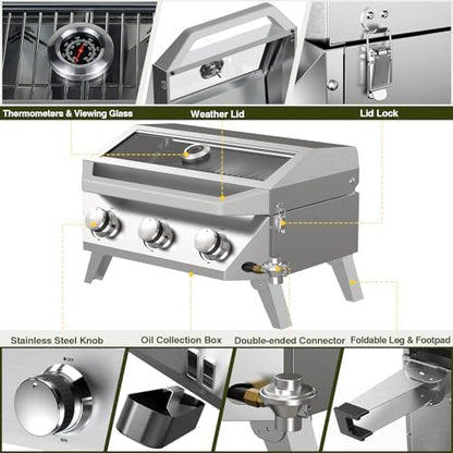 BESTFIRE Portable Propane Grill, 3-Burner Tabletop Gas Grill with 2-in-1 Connection for 1lb/20lb Tanks, 30,000 BTU Stainless Steel BBQ with Observation Window & Thermometer for Outdoor, Tailgating