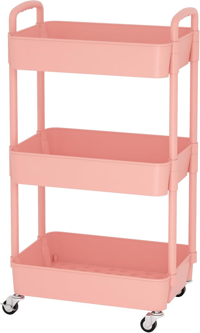 Sywhitta 3-Tier Plastic Rolling Utility Cart with Handle, Multi-Functional Storage Trolley for Office, Living Room, Kitchen, Movable Storage Organizer with Wheels, Pink