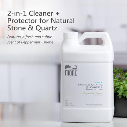 MORE Stone & Quartz Cleaner + Protector - Water-Based Surface Care Spray Refill - For Kitchen & Bathroom Countertops - Daily Cleaner/Protector - Peppermint-Thyme Essential Oil - 128oz
