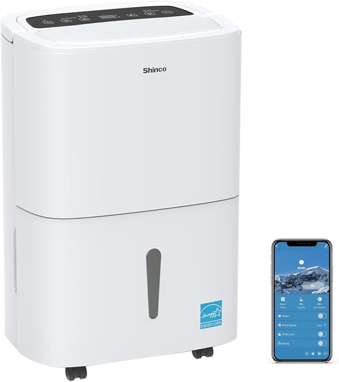 Shinco 6,000 Sq.Ft Energy Star Dehumidifier with WIFI, Ideal for Large Rooms and Home Basements, Efficient Moisture Removal with Adjustable Humidity Control, 1.32 Gallons Water Tank