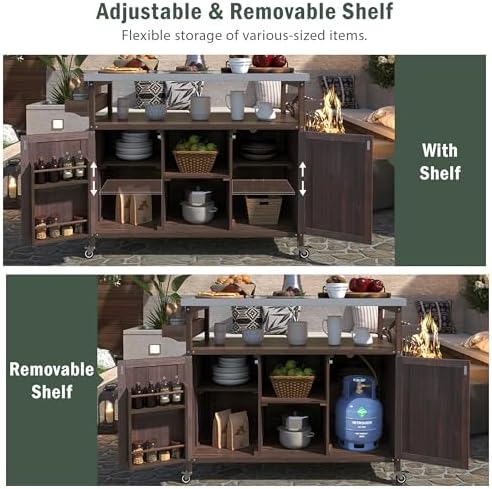 50.25" Outdoor Grill Cart with Stainless Steel Tabletop and Storage Cabinet, Rolling Bar Cart with Wheels, Solid Wood Outdoor Grill Table for BBQ Food Prep (Dark Brown)