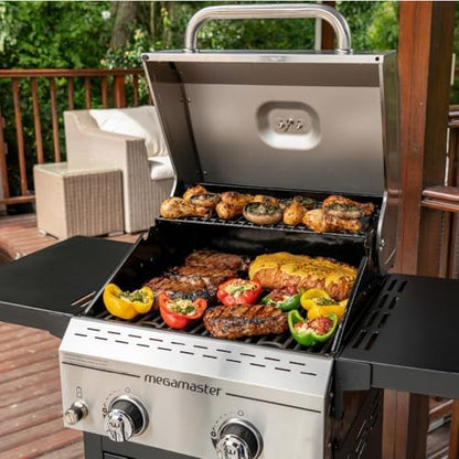 Megamaster Deluxe 2 Burner Gas Grill, Compact Design with Foldable Shelves