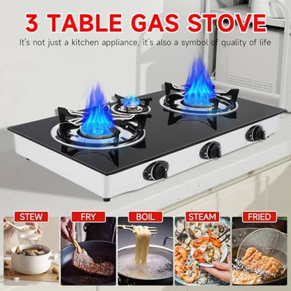 Propane Gas Cooktop,3 Burners Gas Stove portable, 0.28"Tempered Glass, Auto Ignition Camping 3 Burner LPG for RV,Apartments,Outdoor