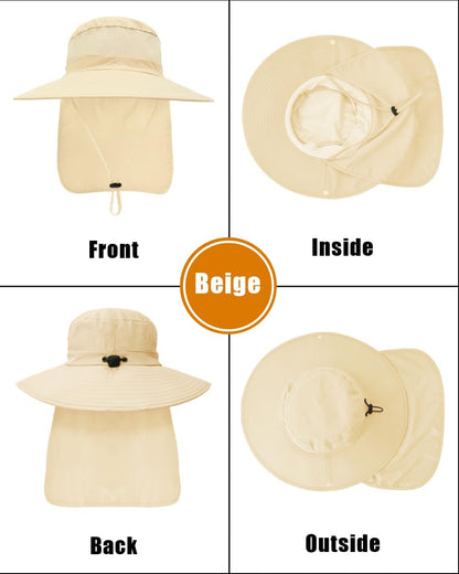 Outdoor Sun Hats with Stowable Neck Flap for Men Women UPF 50+ Mesh Summer Bucket Hat Wide Brim for Fishing Safari Hiking
