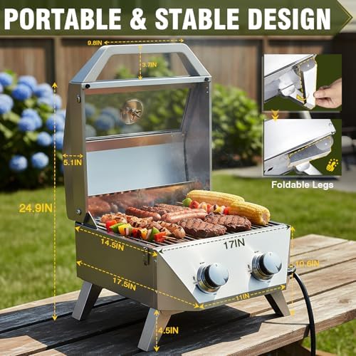 BESTFIRE Tabletop Gas Grill with 2 Burners & Viewing Glass Lid, 20,000 BTU Stainless Steel Portable BBQ Grill with Thermometer, Push-Button Ignition for Outdoor Patio, Camping, RV, Tailgating