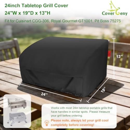 24 Inch Walk-with Portable Tabletop Grill Cover with Overlapping Opening for Carry Without Removing, Waterproof 600D BBQ Grill Cover for Cuisinart CGG-306, Royal Gourmet GT1001, Pit Boss 75275