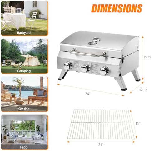 ROVSUN 3 Burner Portable Gas Grill, 30000 BTU Outdoor Tabletop Propane Grill with Ignition, Built-in Thermometer & Full Stainless Steel Body for Patio Garden Backyard Camping BBQ Picnic