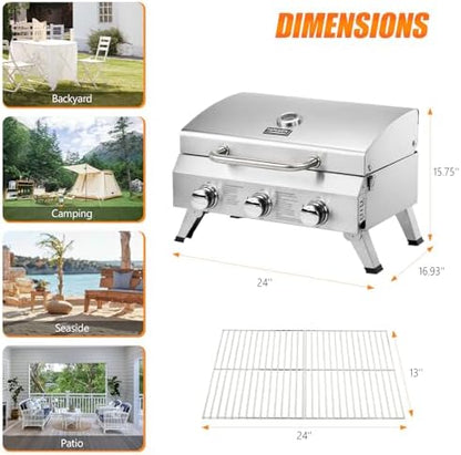 ROVSUN 3 Burner Portable Gas Grill, 30000 BTU Outdoor Tabletop Propane Grill with Ignition, Built-in Thermometer & Full Stainless Steel Body for Patio Garden Backyard Camping BBQ Picnic