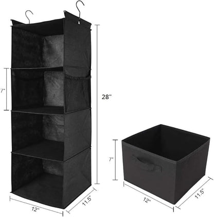 MAX Houser 4-Shelf Hanging Closet Organizer, Space Saver, Cloth Hanging Shelves with 2 Side Pockets, Foldable (Black)