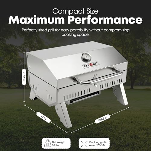 GasOne Portable Propane Grill – 18-inch Stainless Steel Tabletop Grill – Tabletop Gas Grill with Heat Control and Built-In Thermometer – Large Cooking Area – Ideal for Outdoor, Camping, Travel, RV