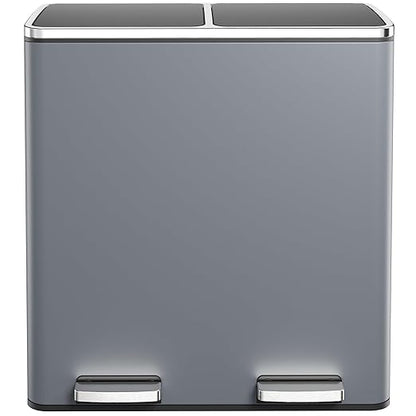 AthLike 60L(16 Gal ) Dual Trash Can, Stainless Steel Kitchen Garbage Can, Double Compartment Classified Rubbish Bin, Recycle Dustbin w/Plastic Inner Buckets, Handle, Soft-Close Lid, Airtight, Grey