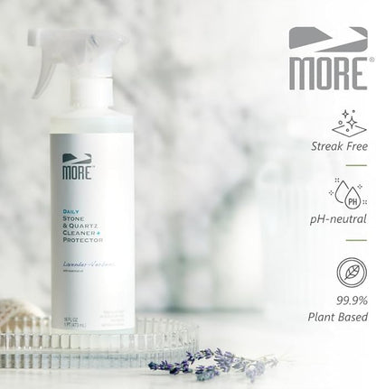 MORE Stone & Quartz Cleaner + Protector - Granite, Quartz & Marble Cleaner - For Kitchen & Bathroom Countertops - Water-Based Surface Spray - Lavender-Verbena Essential Oil - Pint (16oz)