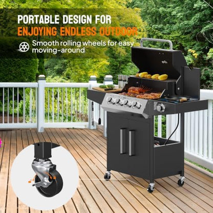 ROVSUN 4 Burner Propane Gas Grill with Side Burner, 58,000BTU BBQ Grills with Enameled Cast Iron Grates, Shelf & Cabinet for Outdoor Garden Patio Backyard Barbecue Cooking