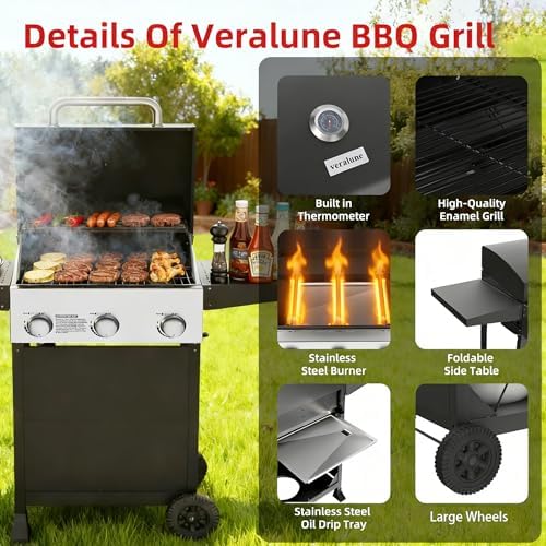 Veralune 3 Burner Gas Grill, Outdoor Propane Grill with Wheels, 445 SQ. IN