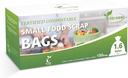 100% Compostable 1.6 Gallon Trash Bags, 6 Liter, 150 Count Kitchen Food Scrap Small Compost Bags for Countertop Bin with Europe EN13432 Certified