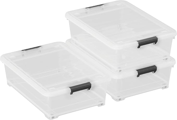 25 Quart Clear Plastic Latch Storage Box with Wheels, Under Bed Storage Box, 3 Pack
