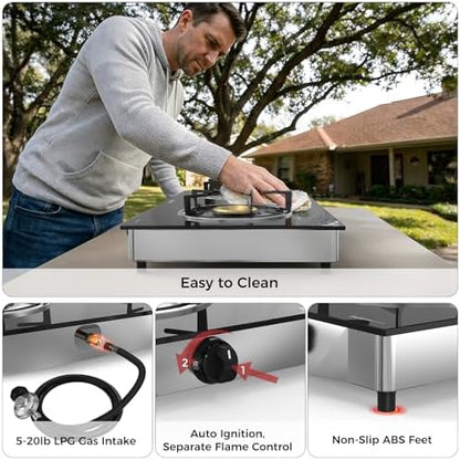 CAMPLUX 2 Burner Propane Stove, LPG Tempered Glass Auto Ignition Double Burner Portable Gas Stove Top, 19,000 BTU Propane Cooktop for Camping, CSA Regulator & Hose Included, estufa de gas portatil