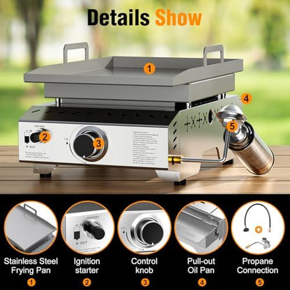 COWSAR Stainless Steel Tabletop Grill – 18-Inch Portable Propane Griddle