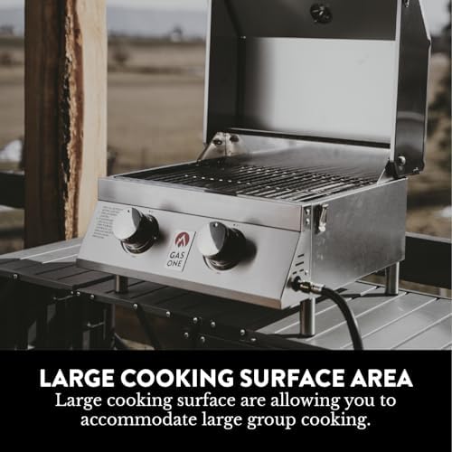 GasOne Portable Propane Grill – 16-inch Stainless Steel Tabletop Grill – Tabletop Gas Grill with Heat Control and Built-In Thermometer – Large Cooking Area – Ideal for Outdoor, Camping, Travel, RV