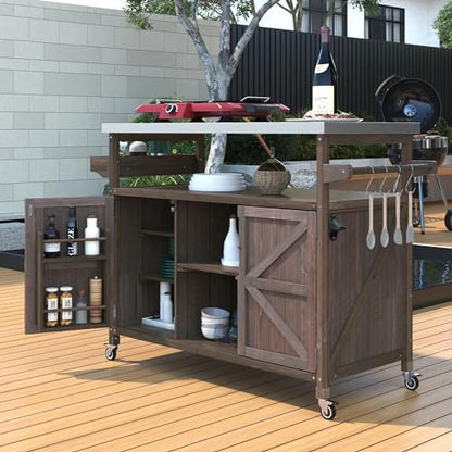 50.25" Outdoor Grill Cart with Stainless Steel Tabletop and Storage Cabinet, Rolling Bar Cart with Wheels, Solid Wood Outdoor Grill Table for BBQ Food Prep (Dark Brown)