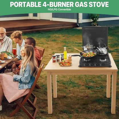 4-Burner Natural Gas Stove, Portable Camping Stove with Pressure-reducing Valve & Wind Guards for RV, Apartment, Outdoor Cooking, Dual Fuel Stove with LPG & NG Compatibility - Black