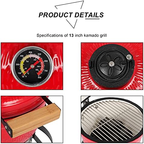 13" Portable Round Ceramic Charcoal Grill,Outdoor Barbecue Smoker,Heavy Duty Outdoor BBQ Grill,Vertical Camping Barbecue Grill,with Built-in Thermometer,for Garden Patio Beach Backyard (Orange)