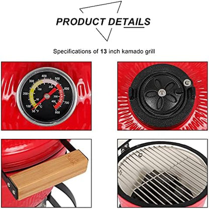 13" Portable Round Ceramic Charcoal Grill,Outdoor Barbecue Smoker,Heavy Duty Outdoor BBQ Grill,Vertical Camping Barbecue Grill,with Built-in Thermometer,for Garden Patio Beach Backyard (Orange)