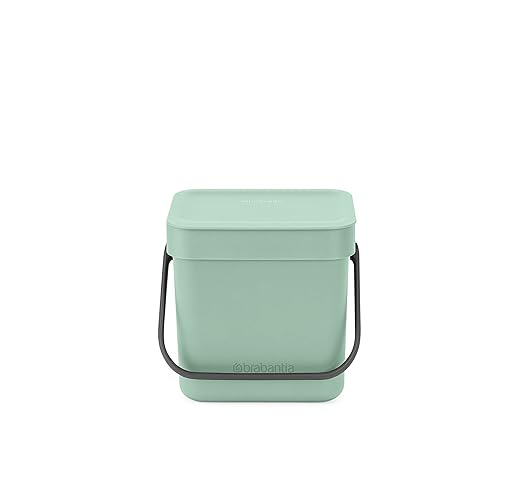 Brabantia Sort & Go Food Trash Can (0.8 Gal/Jade Green) Small Countertop Kitchen Compost Caddy with Handle & Removable Lid, Easy Clean