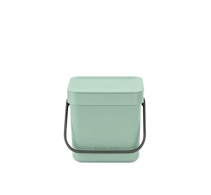 Brabantia Sort & Go Food Trash Can (0.8 Gal/Jade Green) Small Countertop Kitchen Compost Caddy with Handle & Removable Lid, Easy Clean