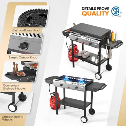 Bonnlo 2-in-1 Propane Stove and Griddle, Iginition Outdoor Gas Cooker with Storage Shelf and Portable Wheels, 2 Burner Camping Stove with 150000BTU Output for Backyard Cooking BBQ Frying and Boiling