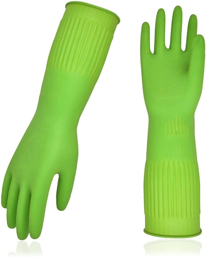 Vgo... 1-Pair Dishwashing Gloves, Reusable Household Gloves, Kitchen Gloves, Long Sleeve, Thick Latex, Cleaning, Washing, Working, Painting, Gardening, Pet Care (Size M,Green, RB2143)
