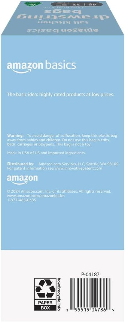 Amazon Basics 13 Gallon Tall Kitchen Drawstring Trash Bags, Clean Fresh Scent, 10% Post Consumer Recycled, 45 Count