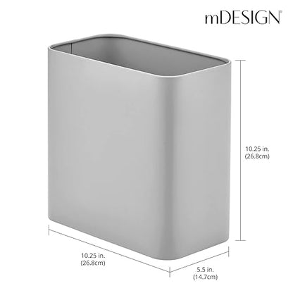 mDesign Small Metal 2.4 Gallon Trash Can Wastebasket Garbage Bin for Bathroom, Slim Rubbish Waste Trashcans Master/Guest Bath, Bedroom, Garage, Mirri Collection, Gray (23578MDBST)