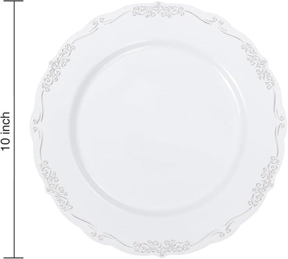 DaYammi 60PCS White and Silver Plastic Plates, Heavy Duty White and Silver