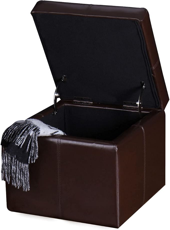 Adeco 17.7" Leather Cube Storage Brown Ottomans for Living Room