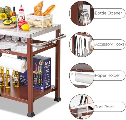 Feasto 3-Shelf Pizza Oven Table, Outdoor Grill Cart, 33.5" x 21.7", Red