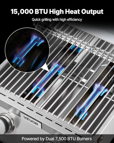 VEVOR Tabletop Gas Grill, 2-Burner Stainless Steel Portable Propane Grill, with Built-in Thermometer, Travel Locks, Weatherproof Lid, 15,000 BTU Total, for Outdoor Cooking, Patio, Party, Camping, RV