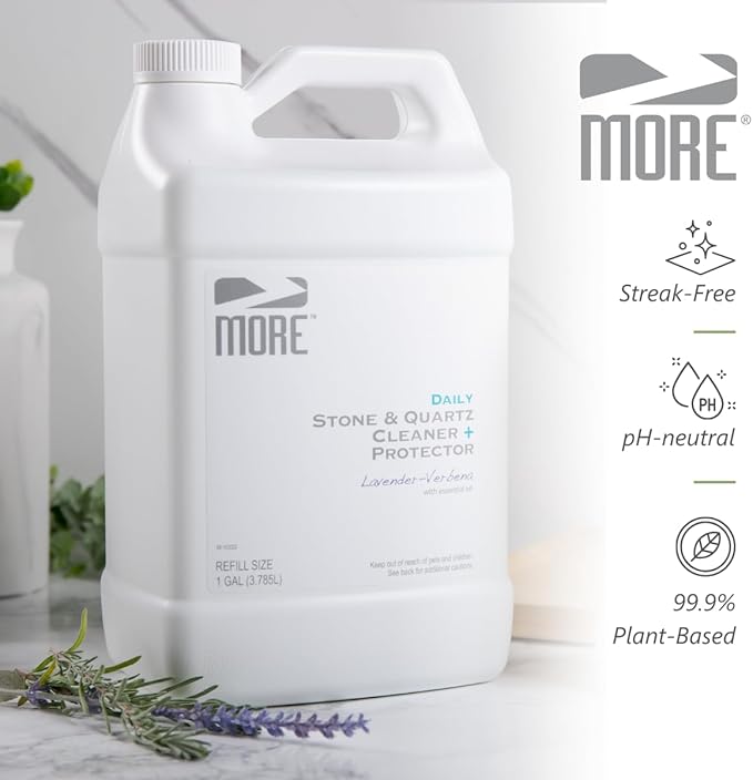 MORE Stone & Quartz Cleaner + Protector - Granite, Quartz & Marble Cleaner - For Kitchen & Bathroom Countertops - Water-Based Surface Spray Refill - Lavender-Verbena Essential Oil - Gallon (128oz)