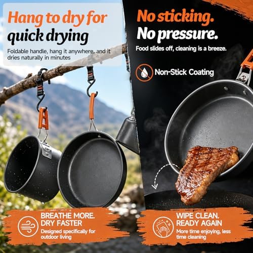 Camping Cookware, 10-Piece Non-Stick Foldable Mess Kit with Kettle