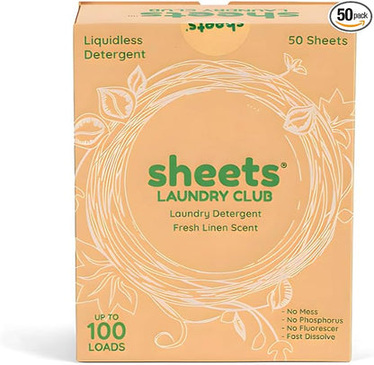 Sheets Laundry Club Laundry Detergent Sheets – 50 Sheets (100 Loads), Fresh Linen, Hassle-Free Laundry, Quick-Dissolving, Hypoallergenic, Septic Safe, Plastic-Free Packaging