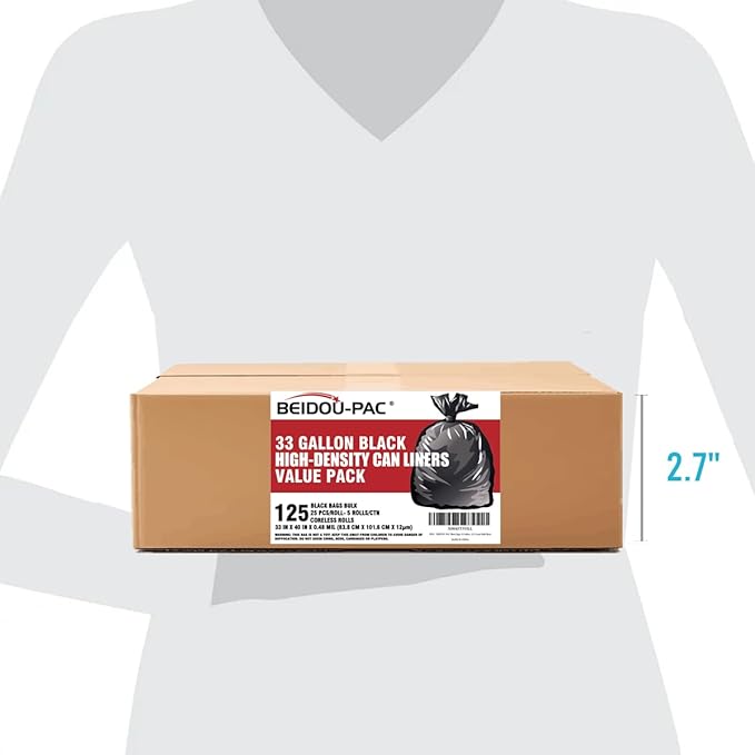 33 Gallon Trash Bags, 125 Count, Black Garbage bags, Multi-purpose Trash Can Bin Liners for Home Commercial, Outdoor, Construction, Industrial, Janitorial, Municipal, Lawn, Leaf