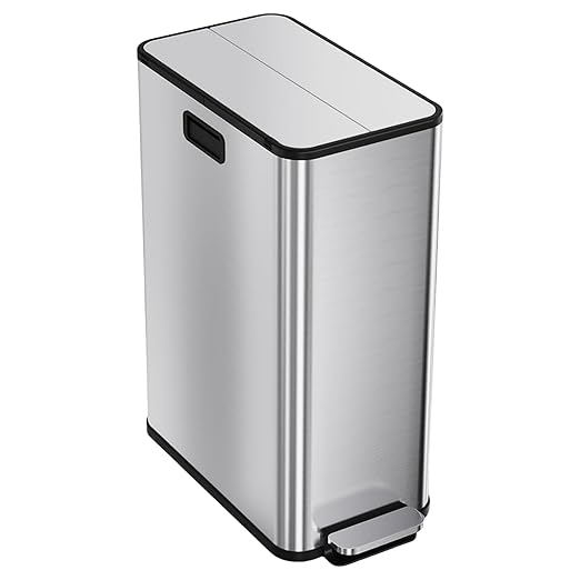 14.8 Gallon / 56L Kitchen Trash Can with Wing Lid, 2 x 7.4Gal Dual Compartments Slim Stainless Steel Garbage Can with 2 Removable Inner Buckets, Fingerprint-Proof Step Rubbish Bin With Soft-Close Lid