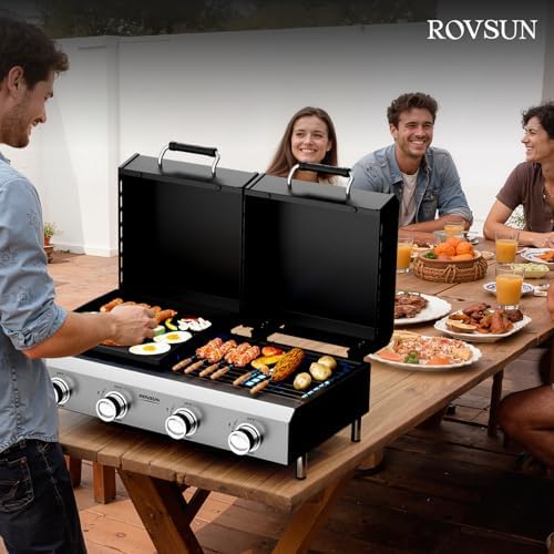 ROVSUN 2-in-1 Propane Gas Grill and Griddle Combo with Lid, 4 Burner Tabletop Flat Top Griddle & Grill with 40000BTU Output, Auto Ignition, Enamel Grate for Outdoor Backyard BBQ Cooking